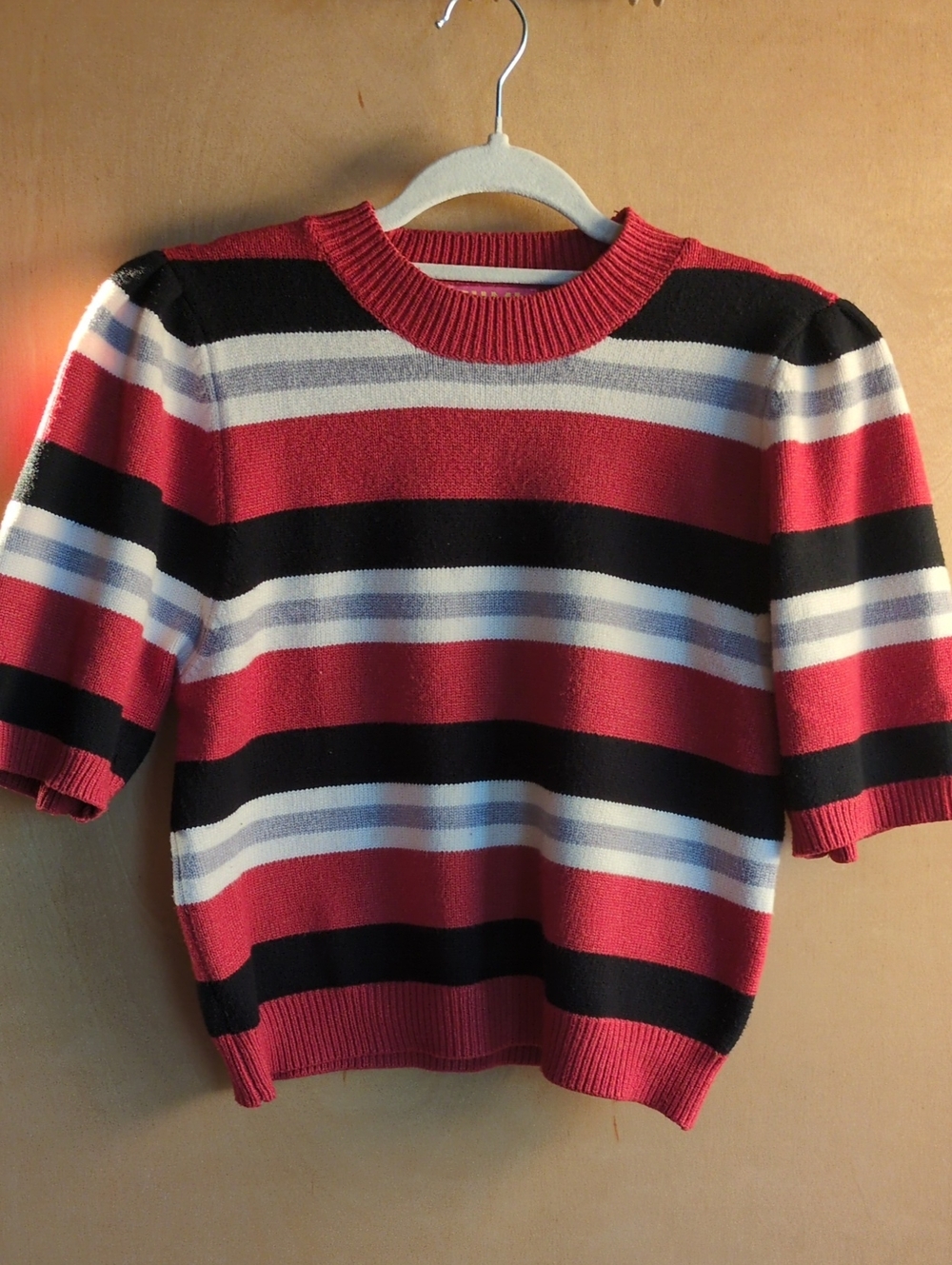 Striped Short-Sleeve Sweater in Red, Black & White